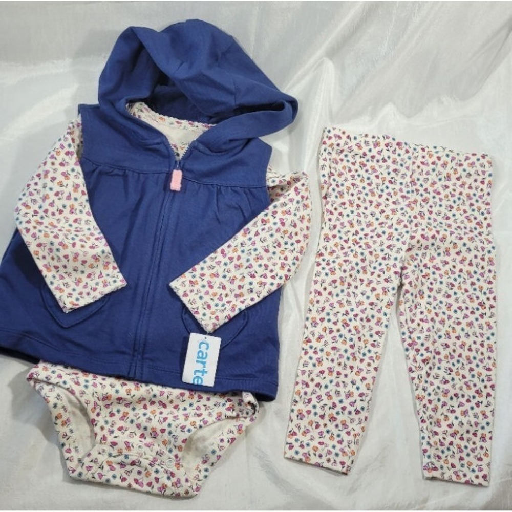 Carter's Baby Girl 3-pc Floral Outfit: Hoodie Vest, LS Undershirt, Pants - 18MO